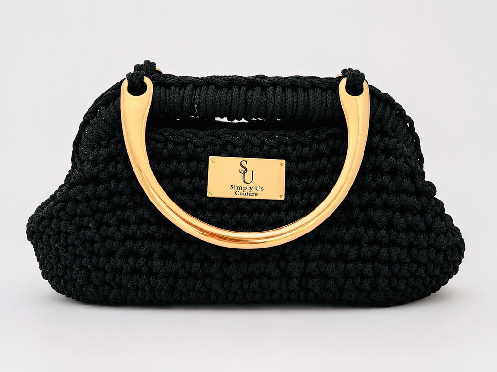 Black Clutch Crochet Purse with Gold Handles