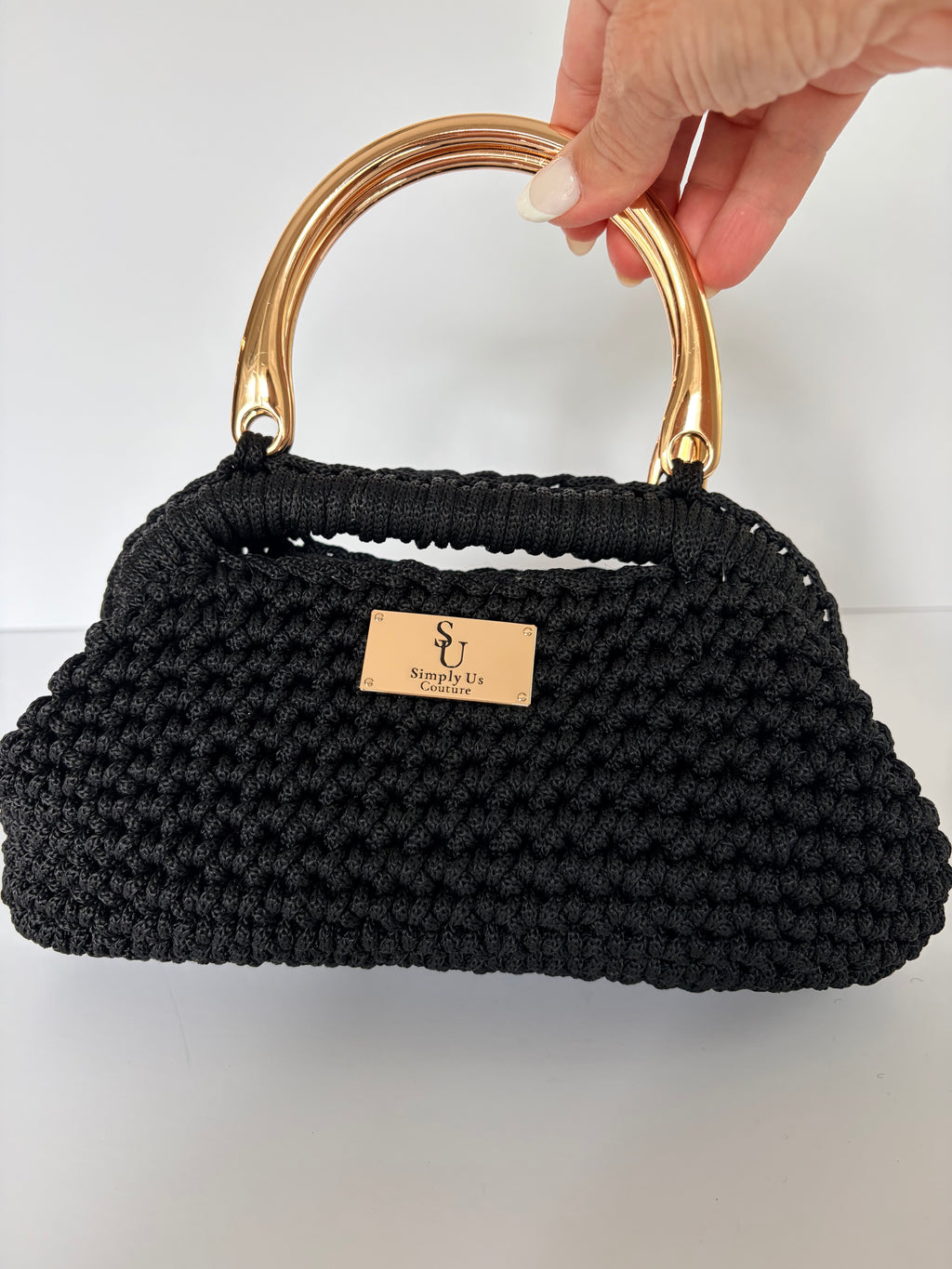 Black Clutch Crochet Purse with Gold Handles