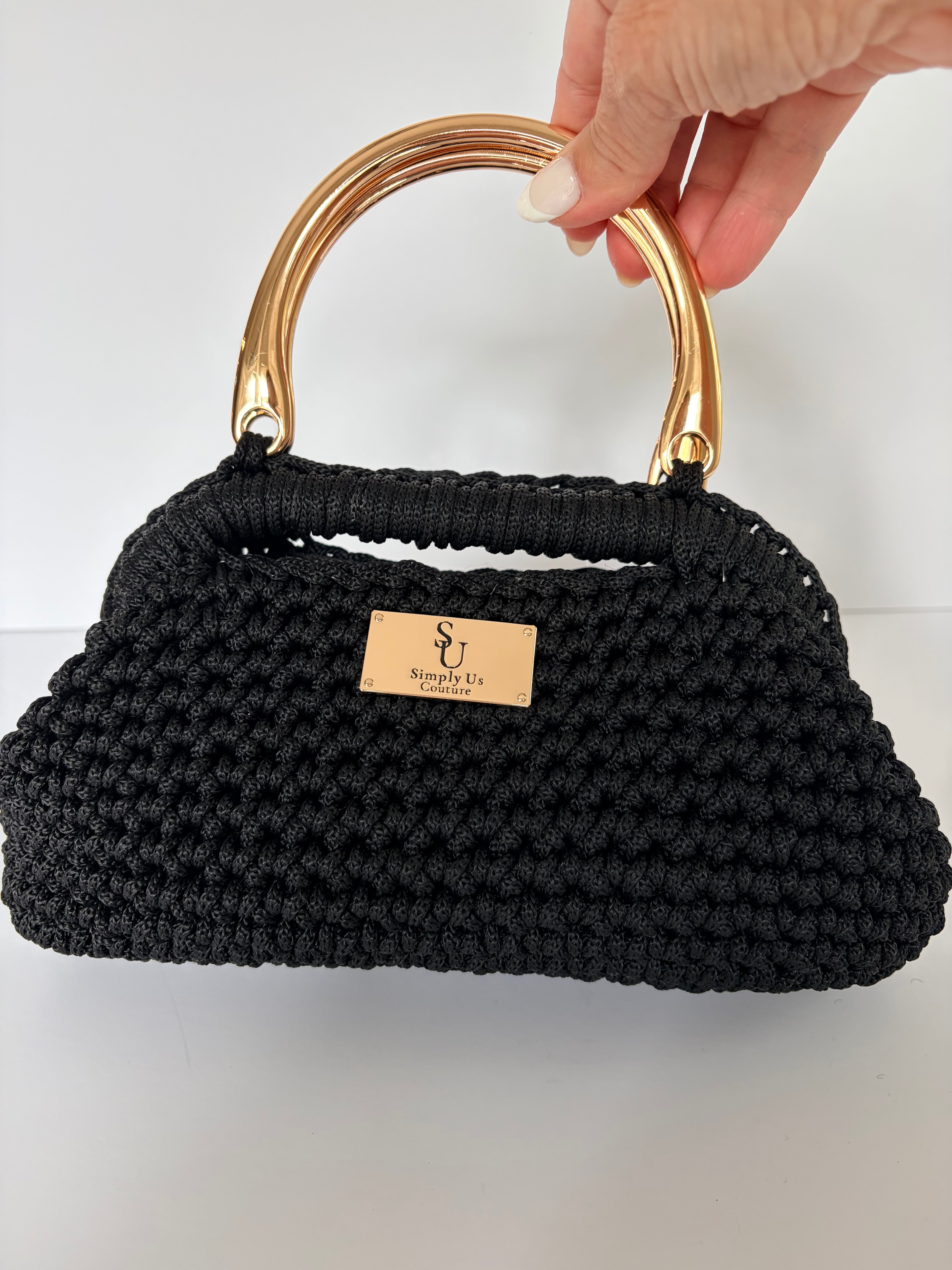 Black Clutch Crochet Purse with Gold Handles