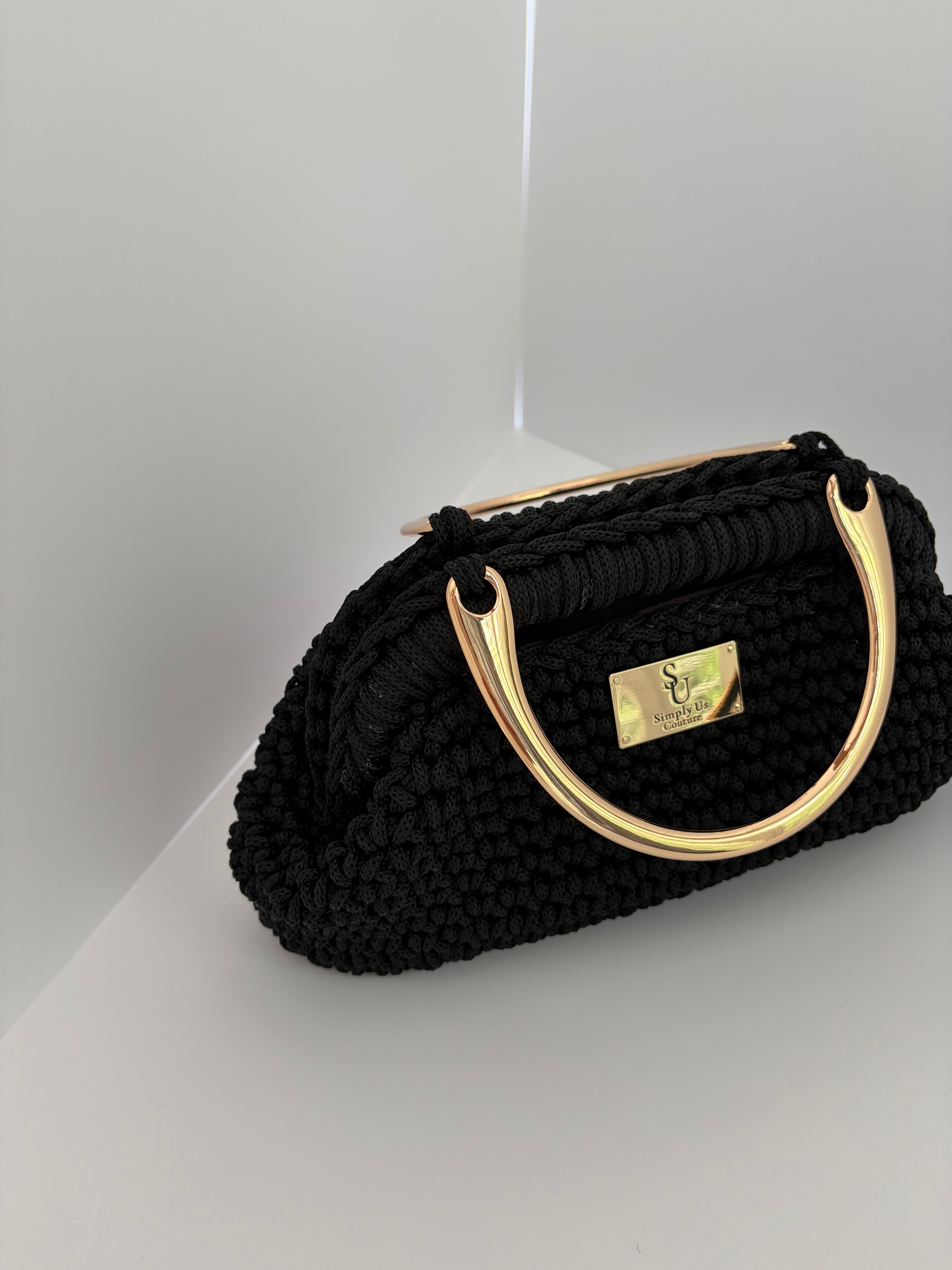 Black Clutch Crochet Purse with Gold Handles