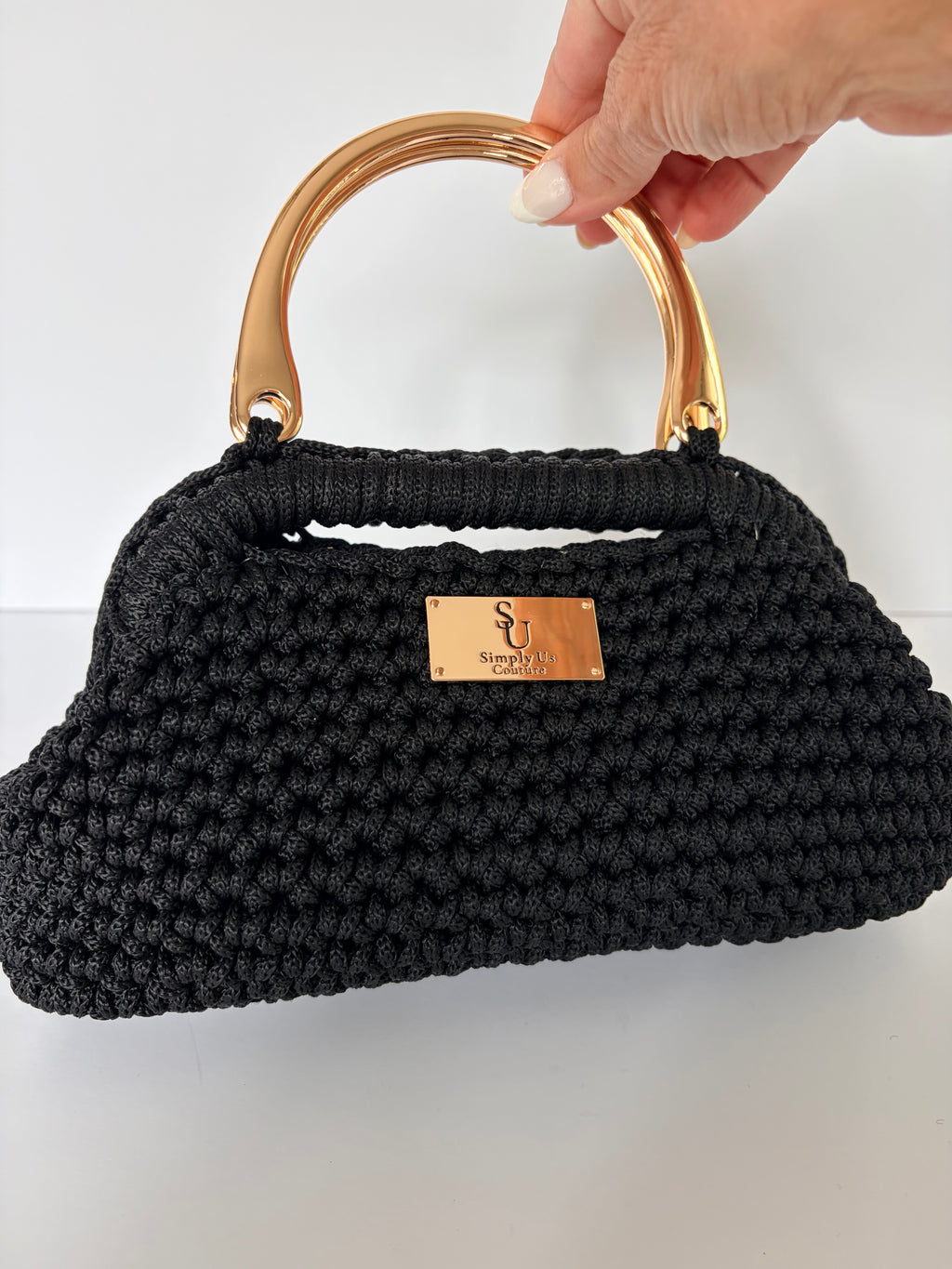 Black Clutch Crochet Purse with Gold Handles