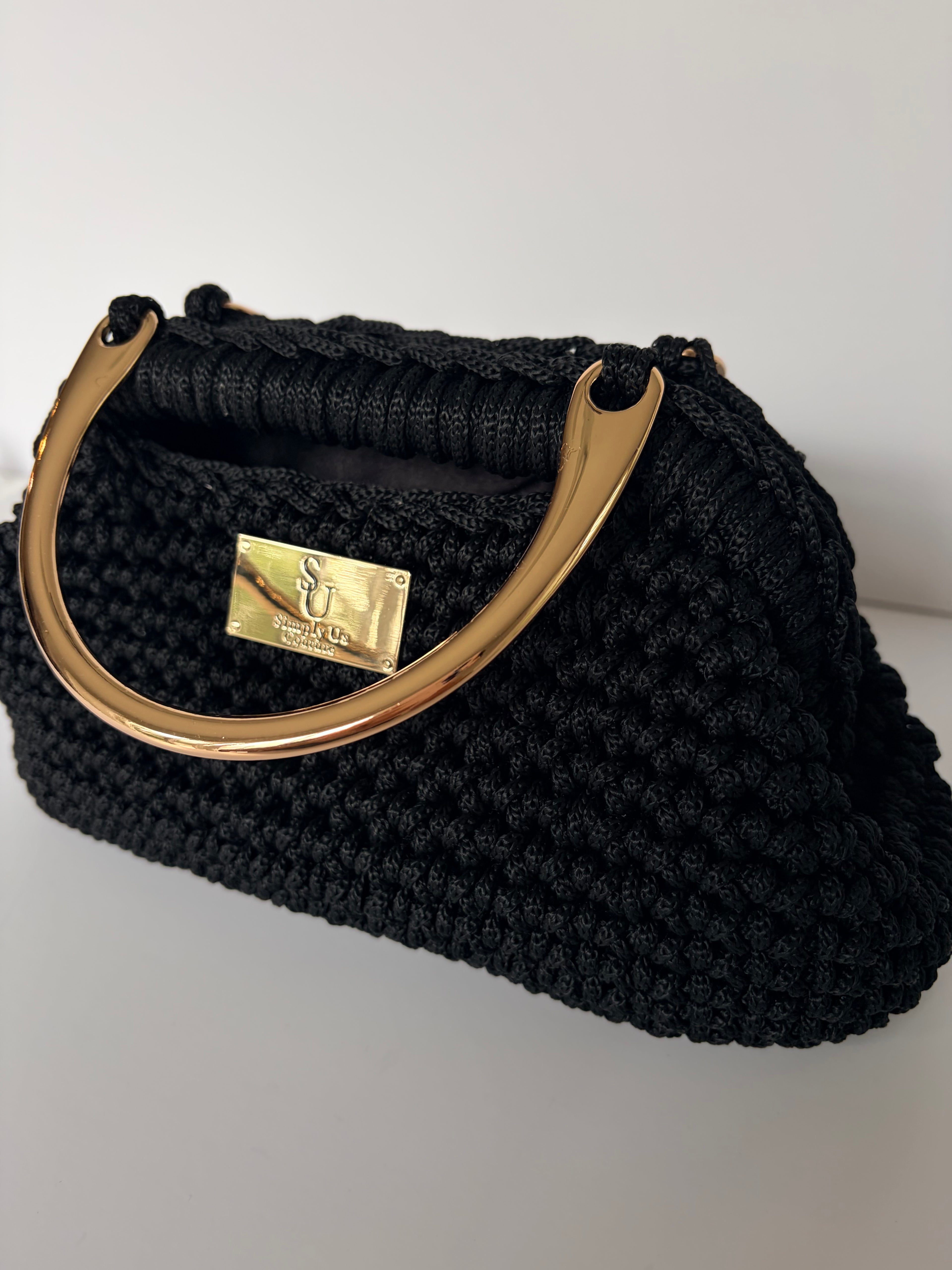Black Clutch Crochet Purse with Gold Handles