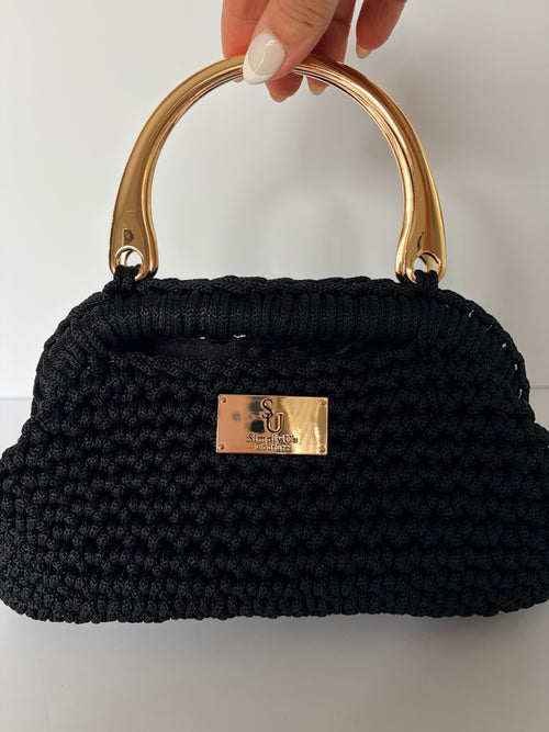 Black Clutch Crochet Purse with Gold Handles